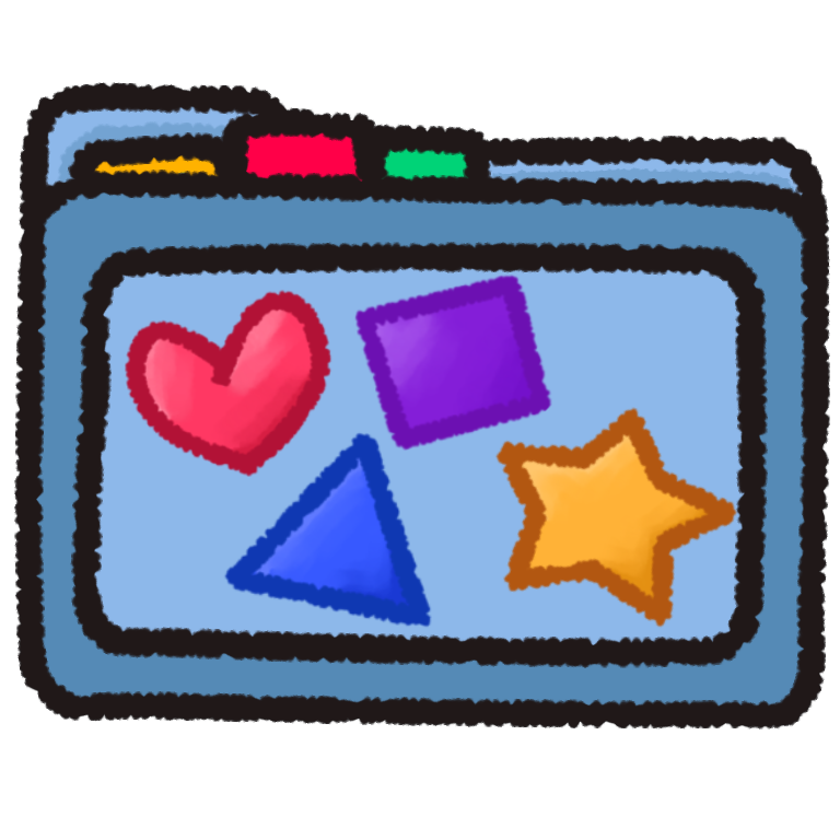 A light blue folder with three colored tabs poking out the top. On the front of the folder is four  shapes: a Red heart, blue triangle, purple square, and a yellow star.